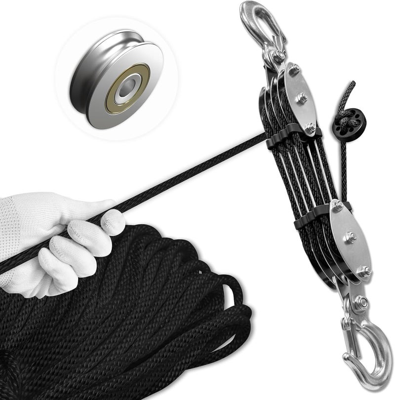 SALIFTFE Block and Tackle Pulley System, Upgraded 4-Wheel Rope Hoist with Dual Guide Wheels & Wide-Opening Hooks, 8:1 Lifting Power, 2200LB Max Load, 65FT x 1/4" Rope for Garage, Hunting, Lifting - Image 1